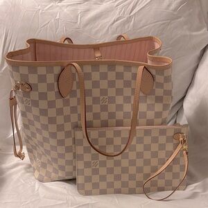 Louis Vuitton Damier Azur Neverfull MM checkered pink ballerine with clutch